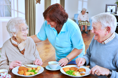 caregiver preparing meal for elderly couple